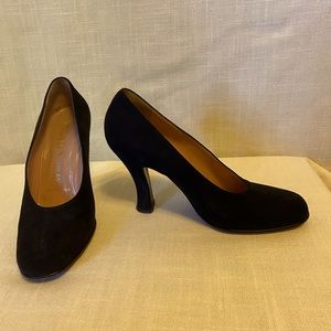 Prada black suede curved heel pumps